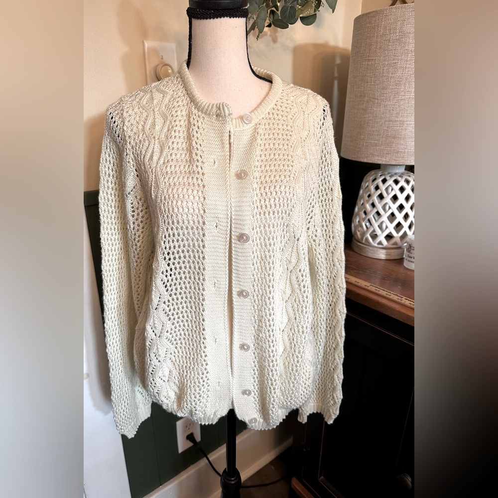Vintage Chris Ann Originals Medium Cardigan Sweater White USA Knit